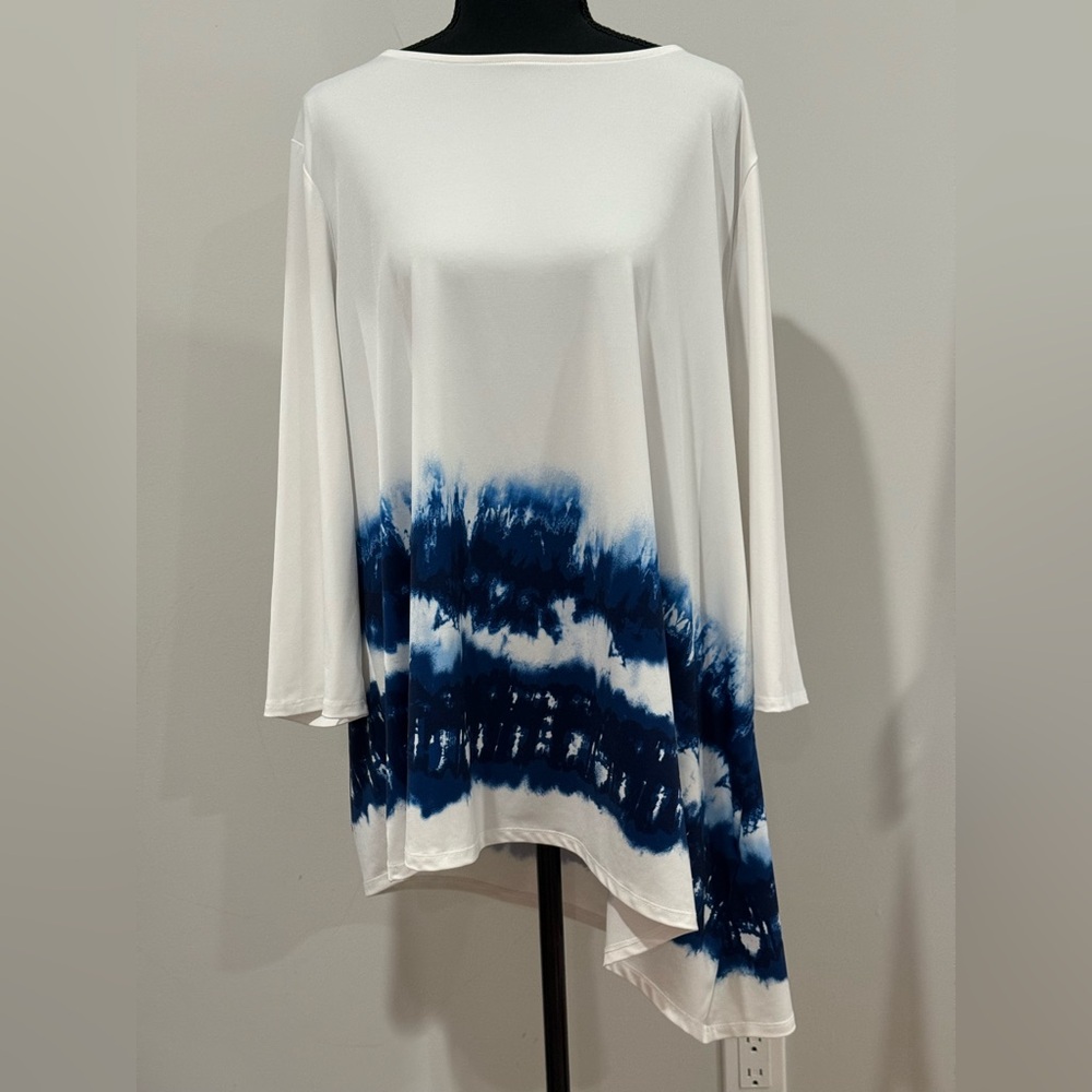 Chicos 4 (XXL) White & Navy Tie-Dye Asymmetric Tunic 550